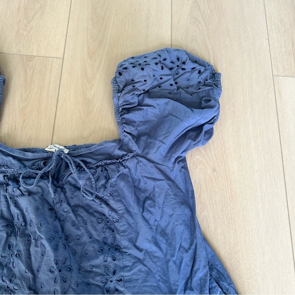 AE American Eagle Blue Eyelet Puff-Sleeve Swing Mini Dress Large Pockets Lined - Picture 6 of 9